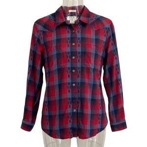 Ariat Women’s XL Plaid Button-Up Shirt Red Navy Western Aztec Print 100% Cotton